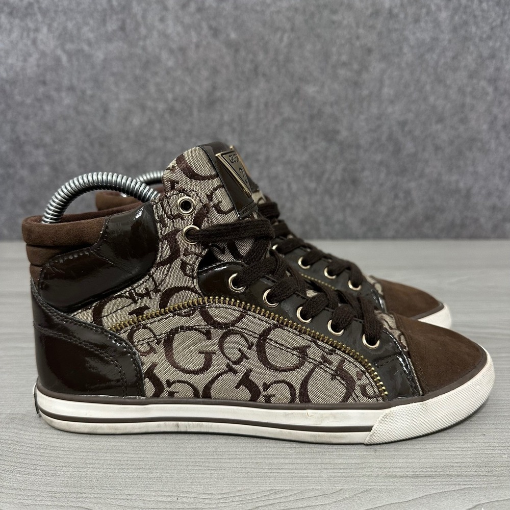 Guess Womens WGDIANNAH High Top Sneakers Brown Logo Print Patent Suede Size 6.5